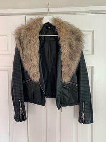 F&F Black Leather Jacket with Fur Collar