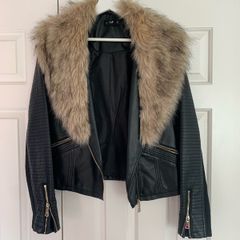 F&F Black Leather Jacket with Fur Collar