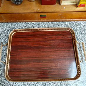 Vintage Woodmet England Mid Century Faux Mahogany Brass Bar Serving Tray