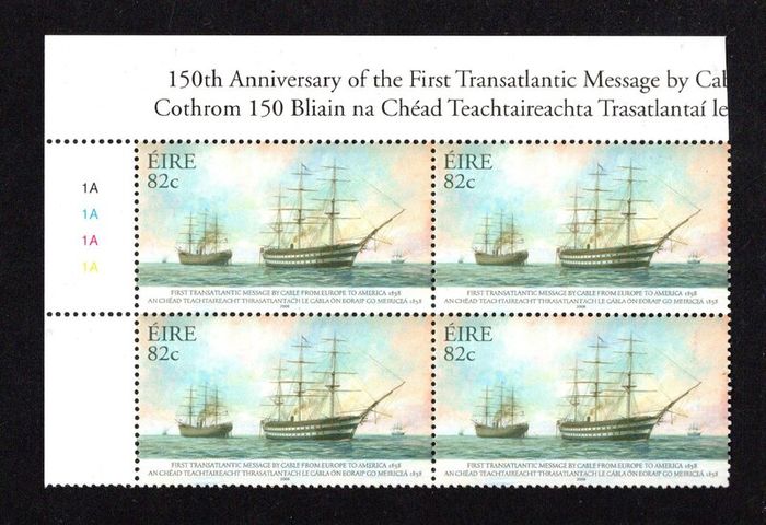 2008 Ireland 150th Anniversary of the First Transatlantic Message by Cable from Europe to America Commemorative Stamp Plate Block 1A1A1A1A Mint Never Hinged (MNH)