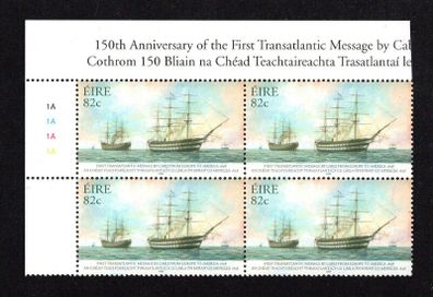 2008 Ireland 150th Anniversary of the First Transatlantic Message by Cable from Europe to America Commemorative Stamp Plate Block 1A1A1A1A Mint Never Hinged (MNH)