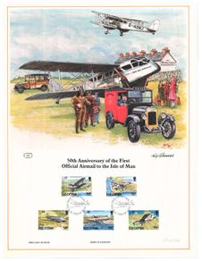 1984 Isle of Man Limited Edition Lithographed Print measuring 333mm X 257mm showing 50th Anniversary of First Official Airmail to the Isle of Man and 40th Anniversary of international Civil Aviation Organisation Commemorative Stamps with First Day of Issu