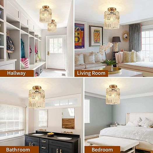 Light Fittings Ceilings - Gold Chandelier Crystal Light, Semi-Flush Ceiling Lights for Bedroom, Living Room, and Hallway Lighting Fit for E27 Base (FREE POSTAGE)