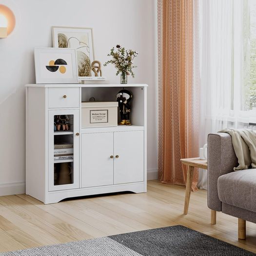 Kitchen Cupboard, White Kitchen Storage Cabinet with Doors, Microwave Counter and Adjustable Shelves, Modern Sideboard for Dining Room, Living Room, 90 x 40 x 82 cm