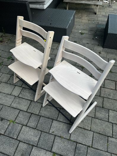 2 x Stokke Tripp Trapp Chairs and baby seat/harness