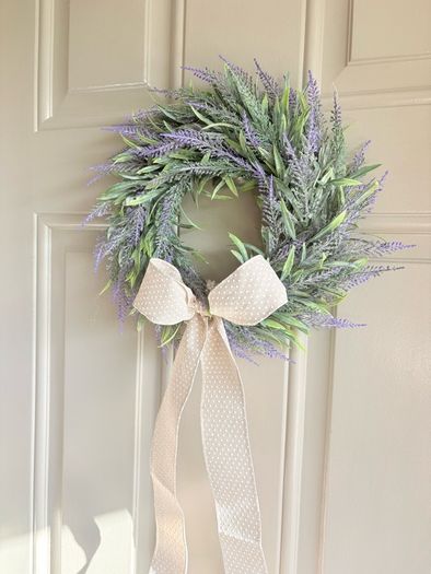 New mini 30cm faux wild lavender wreath with exaggerated linen and polka dot bow