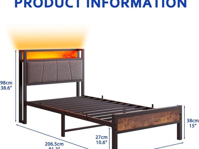single LED Lights,Metal Upholstered Platform Bed Frame with Charging