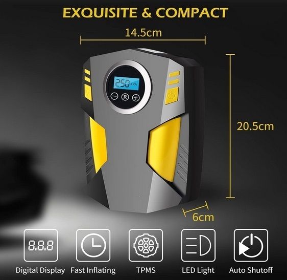 Digital Tyre Inflator, Portable Air Compressor Car Tyre Pump with 3 Nozzle Adaptors and Digital LED Light, 12V