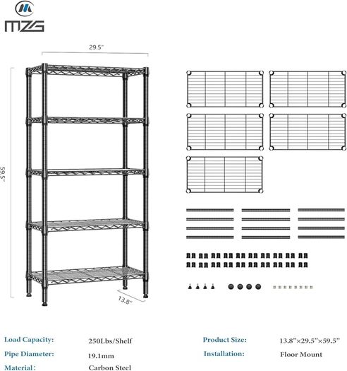 1250 lbs 5 Tier Shelf Metal Storage Shelves Shelving Wire Rack Heavy Duty Closet Organizers for Garage Kitchen Bathroom Laundry Black 35 x 75 x 151.1 cm