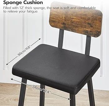 Bar Stools Set of 2, PU Upholstered Breakfast Bar Stools, Industrial Barstools with Backrest and Footrests, Bar Chairs for Kitchen, Dining Room, Bar, Rustic Brown and Black