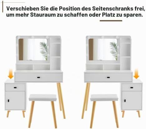 Dressing Table with Hollywood LED Mirror, Light Adjustable Brightness, Dressing Table, Padded Stool Set, White, Wooden Cosmetic Table with Drawer and Storage Cabinet