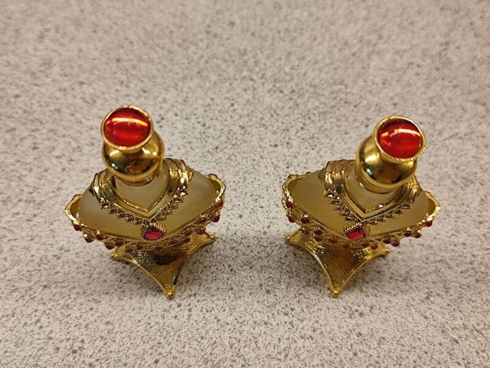 Vintage Jewelled Filigree Perfume Bottle Set Ornate Gold Tone & Red Stones With Original Amber Scent