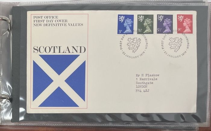 Collection of 38 Stamp First Day Covers, 1872-75 housed in Royal Mail small album with good range and including definitive values plus regionals. 38 images of contents