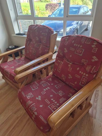 Wooden framed couch and Armchairs