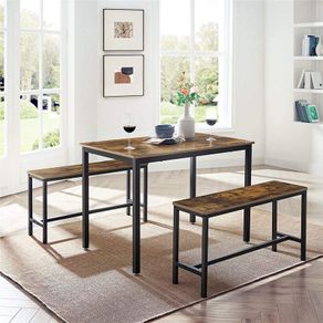 Dining Table Kitchen Table Set 110 x 70 x 75 cm with 2 Benches 97 x 30 x 50 cm Metal Frame Kitchen Living Room Dining Room Industrial Design