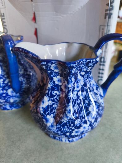 Set of 2 Victoria Ware Ironstone Pitcher, Calico Blue & White Floral flower transfer ware. each 80.00 Euro each or the set of 2 for  150.00 euro Made in England, in very good condition .