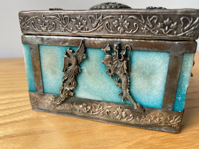 Vintage Chinese Stone Agate? Box with Ornamental Lion Head Dragon Phoenix Butterfly