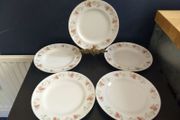 Lovely Set of Five Matching Vintage Floral Tea Plates by Tuscan China in a Lovely Pattern Featuring Subtle Pink Rose Posies with Swags