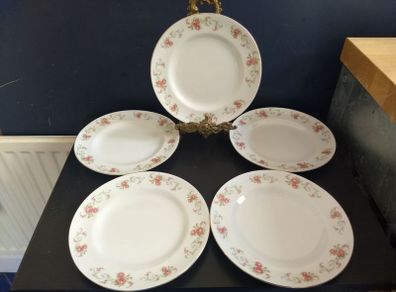 Lovely Set of Five Matching Vintage Floral Tea Plates by Tuscan China in a Lovely Pattern Featuring Subtle Pink Rose Posies with Swags