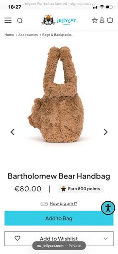 New JELLYCAT Bartholomew Bear Handbag