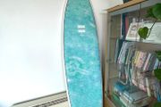 Indio Surfboards The Egg Swirl Effect Blue Mint and the leash