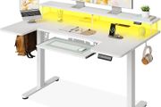 Standing Desk 140cm U Shaped Height Adjustable with Monitor Stand Electric Sit Rising Table Sockets Gaming Computer LED Light for Home Office Workstation White
