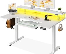 Standing Desk 140cm U Shaped Height Adjustable with Monitor Stand Electric Sit Rising Table Sockets Gaming Computer LED Light for Home Office Workstation White