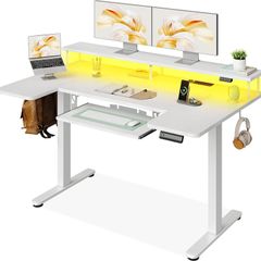Standing Desk 140cm U Shaped Height Adjustable with Monitor Stand Electric Sit Rising Table Sockets Gaming Computer LED Light for Home Office Workstation White