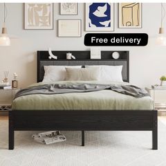 King Size Bed Frame with Storage Wooden Headboard