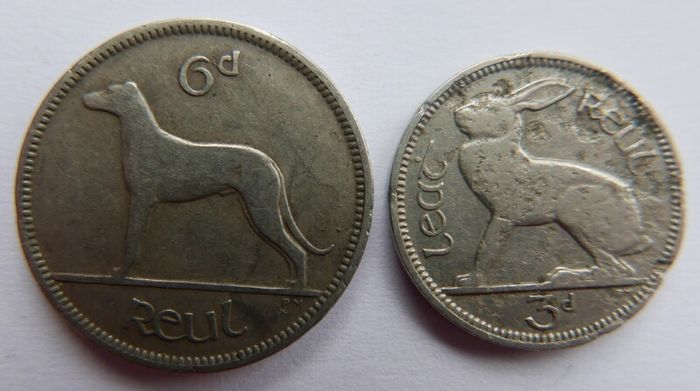Vintage Irish Sixpence 1928 and 3 Pence 1933