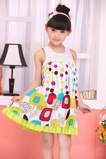 White & Green Pattern Summer Dress Lined Sz 4-5yrs