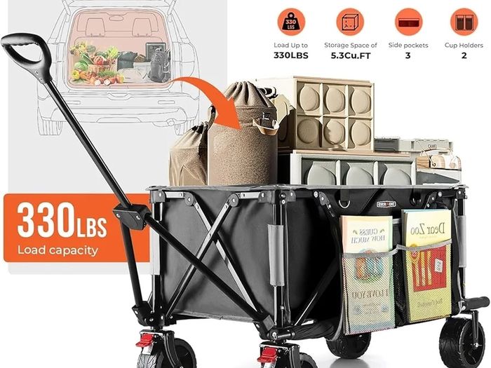150kg Festival Camping Trolley on Wheels  Black Heavy Duty Folding Wagon Cart with All Terrain Wheels, Brake, Portable for Outdoor, Beach, Garden & Shopping