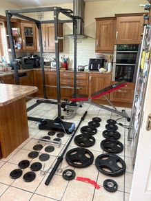 Beautiful Full Gym Weightlifting Set Up, Power Rack, Olympic Bumper Weights, Bench + Dumbbells +more