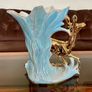 Porcelain Centerpiece Vase Sesto Fiorentino Fior Deer Iridescent Blue and Gold 1950s Image 4