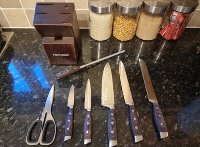 8pcs/Set Kitchen Cutting Tool Block Set With Sharpener 1.4116 Stainless Steel Blade Wood Handle And Kitchen Scissors