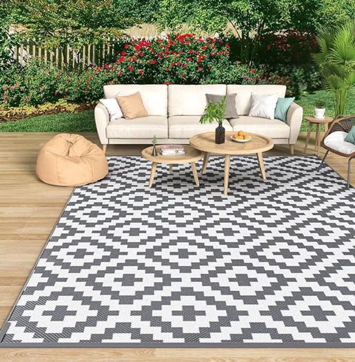 Outdoor Rug for Patios Waterproof 120x180cm, Reversible Garden Rugs Geometric Anti-slip Mat Carpet, UV Resistant Indoor Area Rugs for Camping, Deck, Picnic, Backyard (Grey & White)
