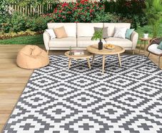 Outdoor Rug for Patios Waterproof 120x180cm, Reversible Garden Rugs Geometric Anti-slip Mat Carpet, UV Resistant Indoor Area Rugs for Camping, Deck, Picnic, Backyard (Grey & White)