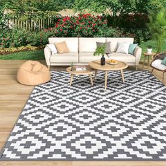 Outdoor Rug for Patios Waterproof 120x180cm, Reversible Garden Rugs Geometric Anti-slip Mat Carpet, UV Resistant Indoor Area Rugs for Camping, Deck, Picnic, Backyard (Grey & White)