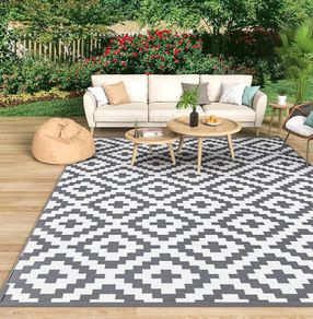 Outdoor Rug for Patios Waterproof 120x180cm, Reversible Garden Rugs Geometric Anti-slip Mat Carpet, UV Resistant Indoor Area Rugs for Camping, Deck, Picnic, Backyard (Grey & White)