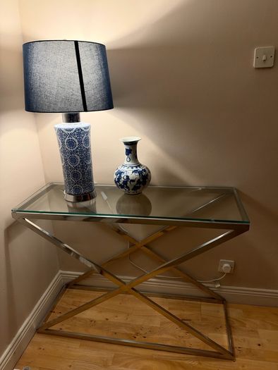 Chrome & Glass Console Table. X Frame Design