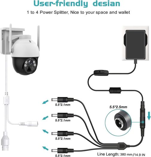 Security Camera Power Supply, 12V 2A Power Supply for 12Vdc CCTV Camera Home Security Camera DVR/NVR/HVR (Analog AHD IP) Surveillance System Monitoring Camera with 4 Split Power Cable