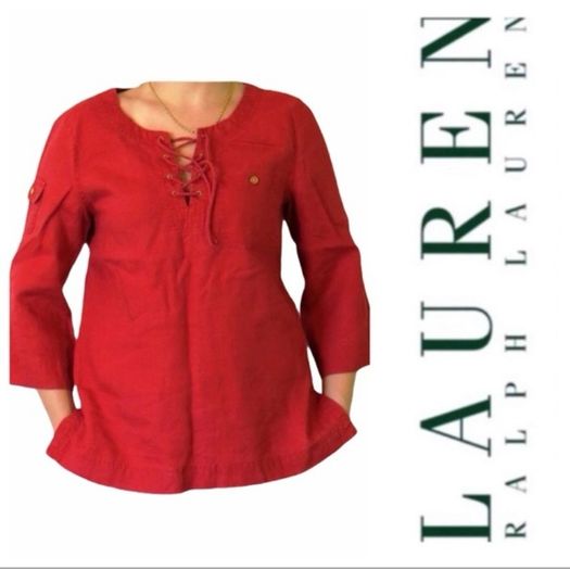 Lauren Ralph Lauren Red 100% Linen Lace-Up Tunic Blouse Roll Tab Sleeve XL