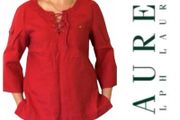 Lauren Ralph Lauren Red 100% Linen Lace-Up Tunic Blouse Roll Tab Sleeve XL