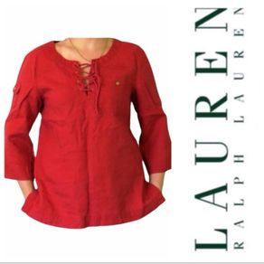 Lauren Ralph Lauren Red 100% Linen Lace-Up Tunic Blouse Roll Tab Sleeve XL