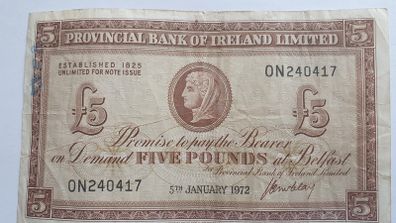 Provincial Bank of Ireland Five Pound Note 1972