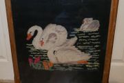 Vintage Fire Screen with Swans Embroidery inset behind glass.