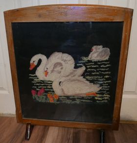 Vintage Fire Screen with Swans Embroidery inset behind glass.