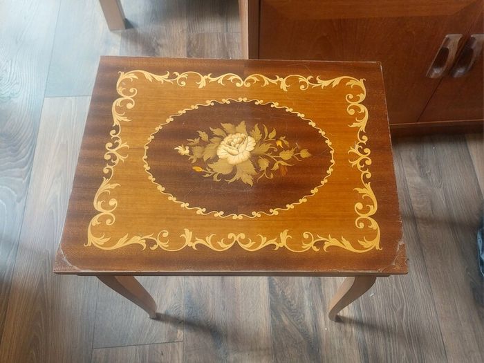 Vintage Mid Century Side Table with a Handmade Marquetry Panel Top Featuring a Floral Motif, Unknown Maker, Presume Italian-Made, Condition Issues, Needs Restoring