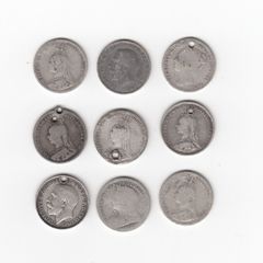 9 x 3d G.B. 921/2% SILVER COINS (up to, including 1919) ( no.370)