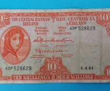 Irish 1964 Lavery ten shilling banknote in used condition